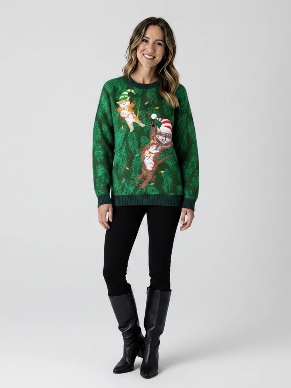Green Ugly Christmas Sweater – Cat Holiday Lights – Unisex Men Women Small